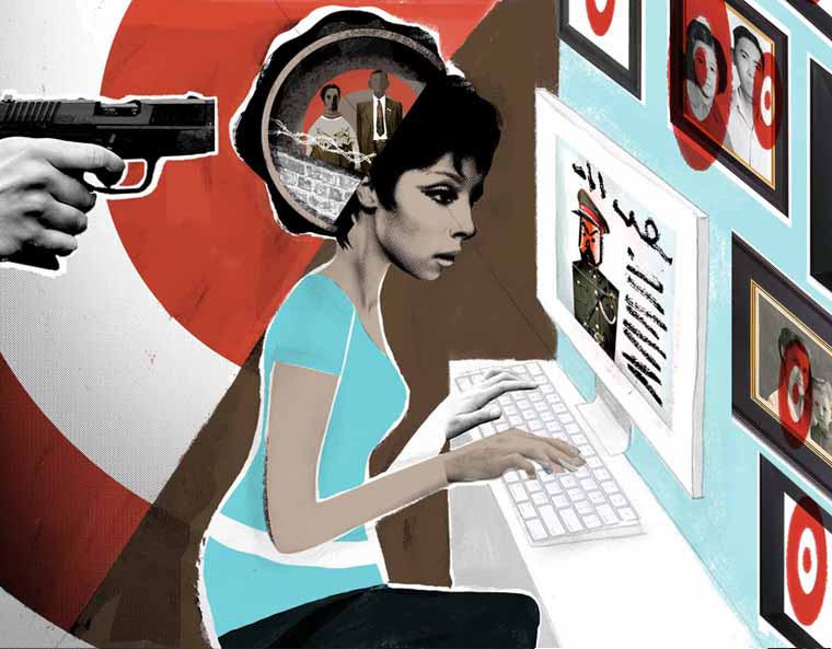Illustration of exiled journalist typing at keyboard while family and friend's are targeted by regimes