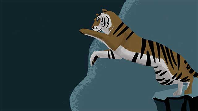 Storyboard illustration of a tiger leaping off the edge of a small cliff.