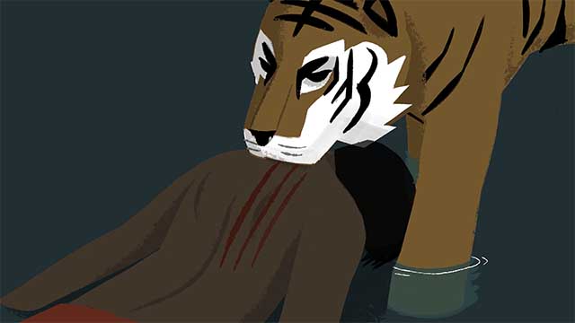 Storyboard illustration of a tiger dragging a body through the water.