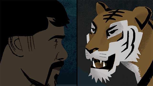 Storyboard illustration of a split-screen view of a man and tiger looking at each other.