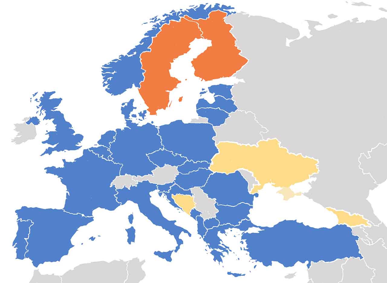 A map highlighting the 30 member nations of NATO, as well as the European countries that would like to join NATO.