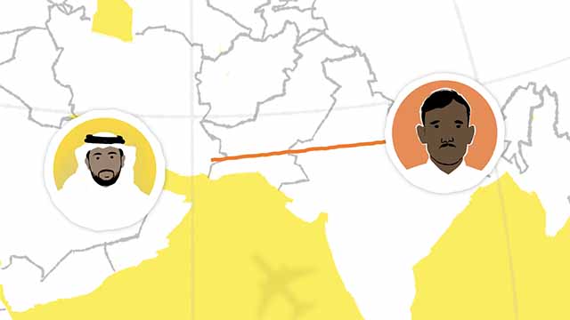 Storyboard illustration of a map with a migrant worker in Nepal travelling toward an employer in Qatar.