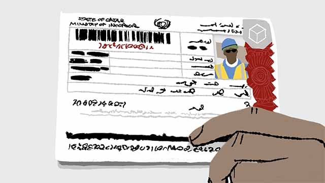 Storyboard illustration of a closeup image of an employer holding the construction worker's work visa.