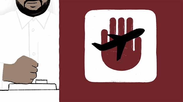 Storyboard illustration of a red hand icon stopping a plane.