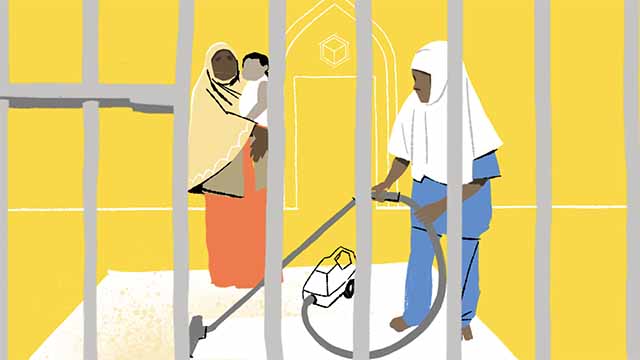 Storyboard illustration of prison bars in front of domestic workers