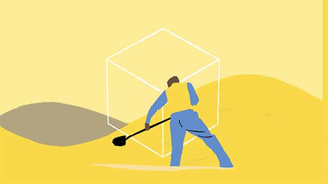 Storyboard illustration of a construction worker digging in the desert.