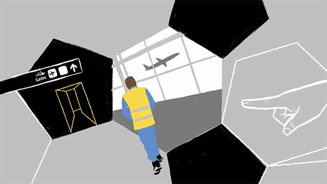 Storyboard illustration of construction worker walking toward airport departure gate.