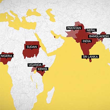 Map highlighting the countries that sent the most migrant workers to Qatar.