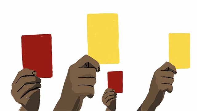 Storyboard illustration of hands raising red and yellow cards.
