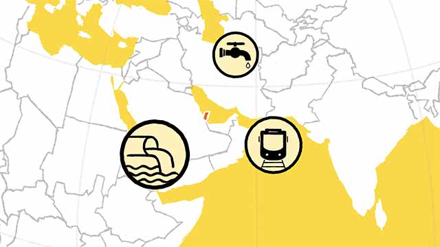 Storyboard illustration of a map of the Middle East, with icons of water faucet, sewer pipes and a metro train.