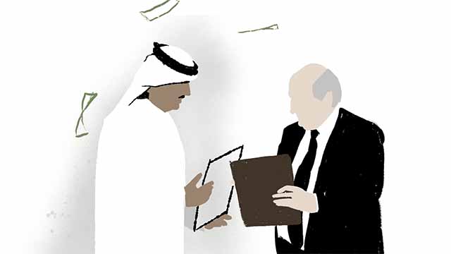 Storyboard illustration of two men trading pieces of paper while money falls around them.