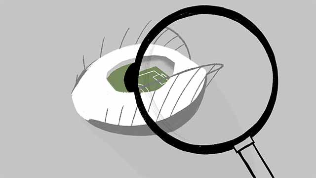 Storyboard illustration of a magnifying glass overlapping an open eye, revealing a stadium.
