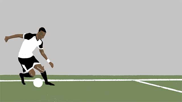 Storyboard illustration of a football player running and kicking a ball.
