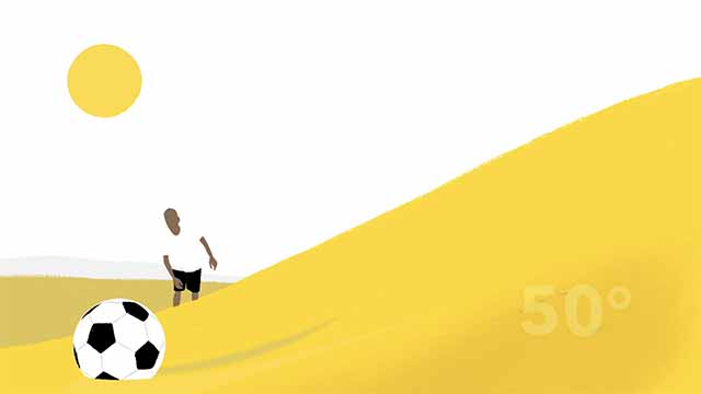 Storyboard illustration of a soccer ball rolling to the bottom of a desert dune, while a soccer player stumbles toward it.