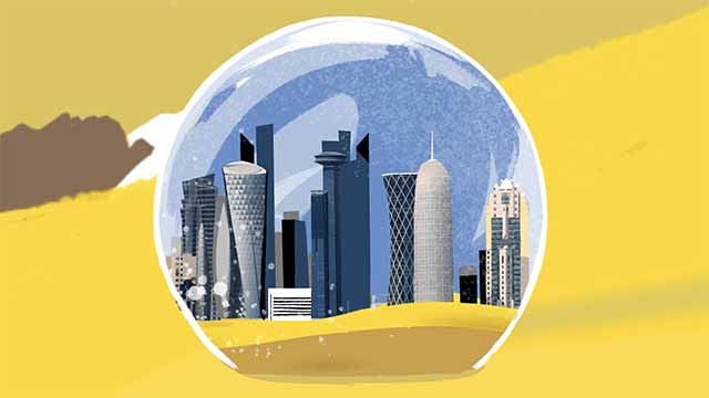 Storyboard illustration of a snowglobe with the Doha skyline in it.